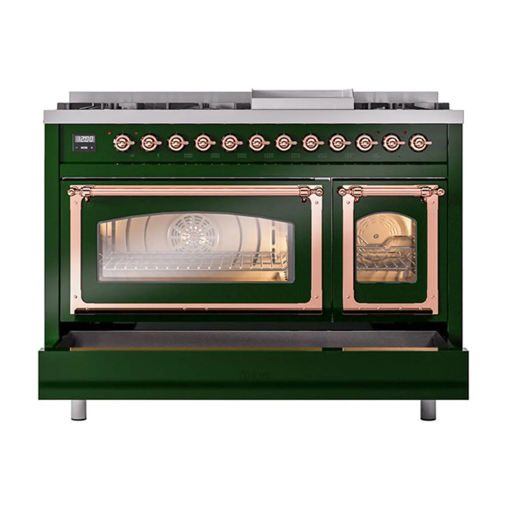 Ilve UN48FNMPEGPLP Ilve Un48Fnmpegplp Nostalgie Ii Noblesse 48" Dual Fuel Range (8 Sealed Burners   Griddle, Liquid Propane, Triple Glass Door, Emerald Green, Copper)