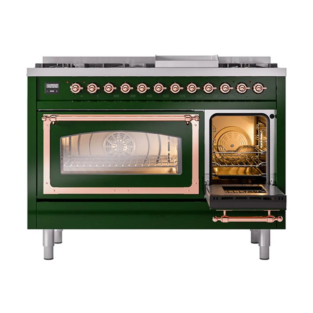 Ilve UN48FNMPEGPLP Ilve Un48Fnmpegplp Nostalgie Ii Noblesse 48" Dual Fuel Range (8 Sealed Burners   Griddle, Liquid Propane, Triple Glass Door, Emerald Green, Copper)