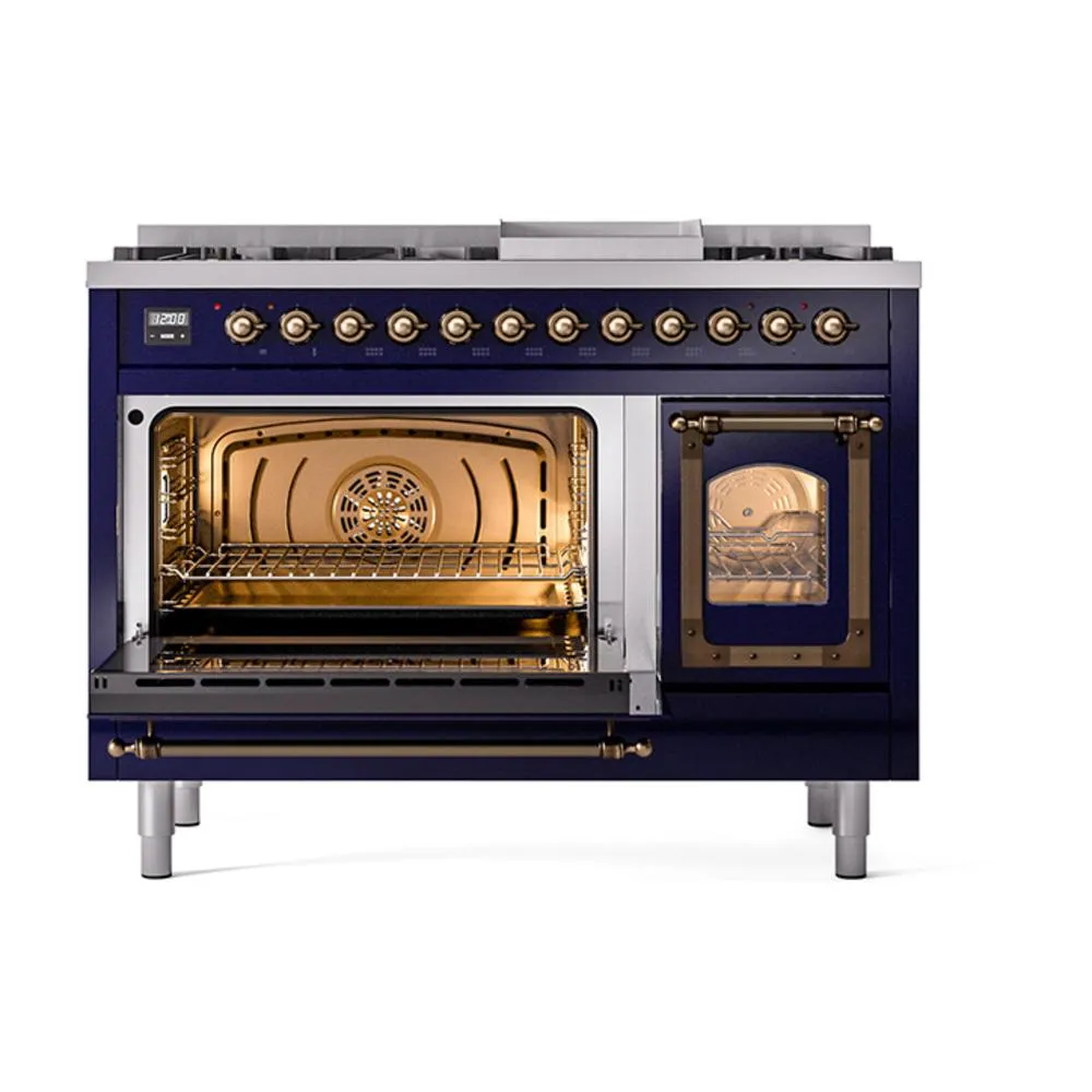 Ilve UN48FNMPMBB Ilve Un48Fnmpmbb Nostalgie Ii Noblesse 48" Dual Fuel Range (8 Sealed Burners   Griddle, Natural Gas, Triple Glass Door, Midnight Blue, Burnished)