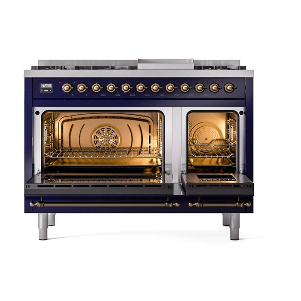 Ilve UN48FNMPMBBLP Ilve Un48Fnmpmbblp Nostalgie Ii Noblesse 48" Dual Fuel Range (8 Sealed Burners   Griddle, Liquid Propane, Triple Glass Door, Midnight Blue, Burnished)