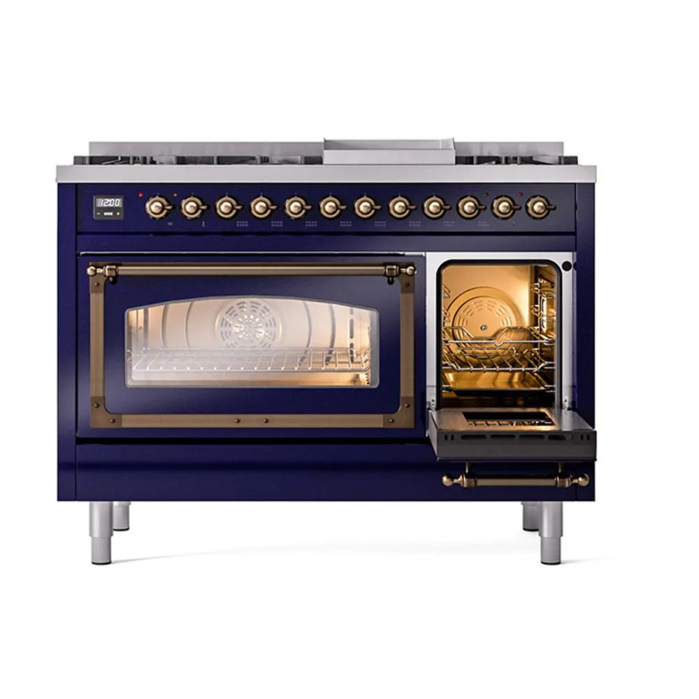 Ilve UN48FNMPMBBLP Ilve Un48Fnmpmbblp Nostalgie Ii Noblesse 48" Dual Fuel Range (8 Sealed Burners   Griddle, Liquid Propane, Triple Glass Door, Midnight Blue, Burnished)