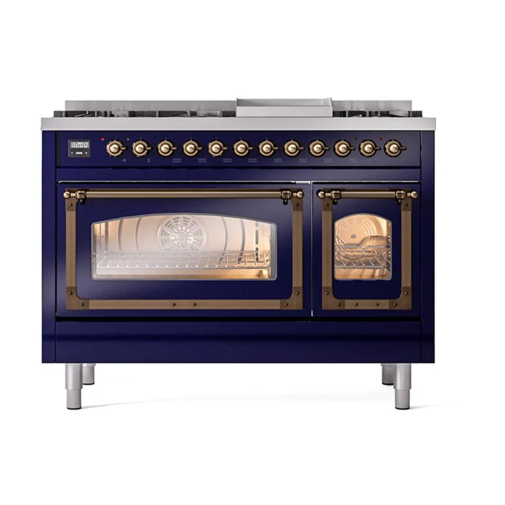 Ilve UN48FNMPMBBLP Ilve Un48Fnmpmbblp Nostalgie Ii Noblesse 48" Dual Fuel Range (8 Sealed Burners   Griddle, Liquid Propane, Triple Glass Door, Midnight Blue, Burnished)