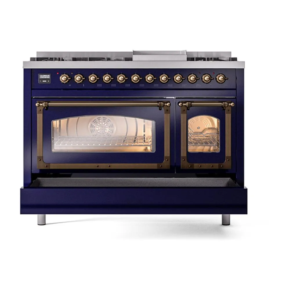 Ilve UN48FNMPMBBLP Ilve Un48Fnmpmbblp Nostalgie Ii Noblesse 48" Dual Fuel Range (8 Sealed Burners   Griddle, Liquid Propane, Triple Glass Door, Midnight Blue, Burnished)