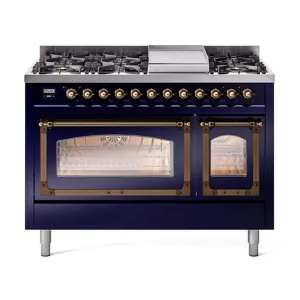 Ilve UN48FNMPMBBLP Ilve Un48Fnmpmbblp Nostalgie Ii Noblesse 48" Dual Fuel Range (8 Sealed Burners   Griddle, Liquid Propane, Triple Glass Door, Midnight Blue, Burnished)