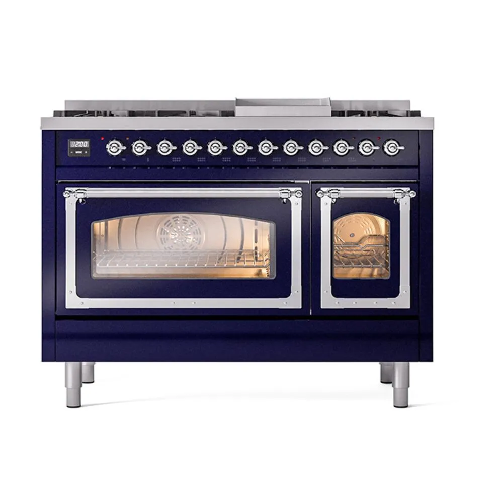 Ilve UN48FNMPMBC Ilve Un48Fnmpmbc Nostalgie Ii Noblesse 48" Dual Fuel Range (8 Sealed Burners   Griddle, Natural Gas, Triple Glass Door, Midnight Blue, Chrome)