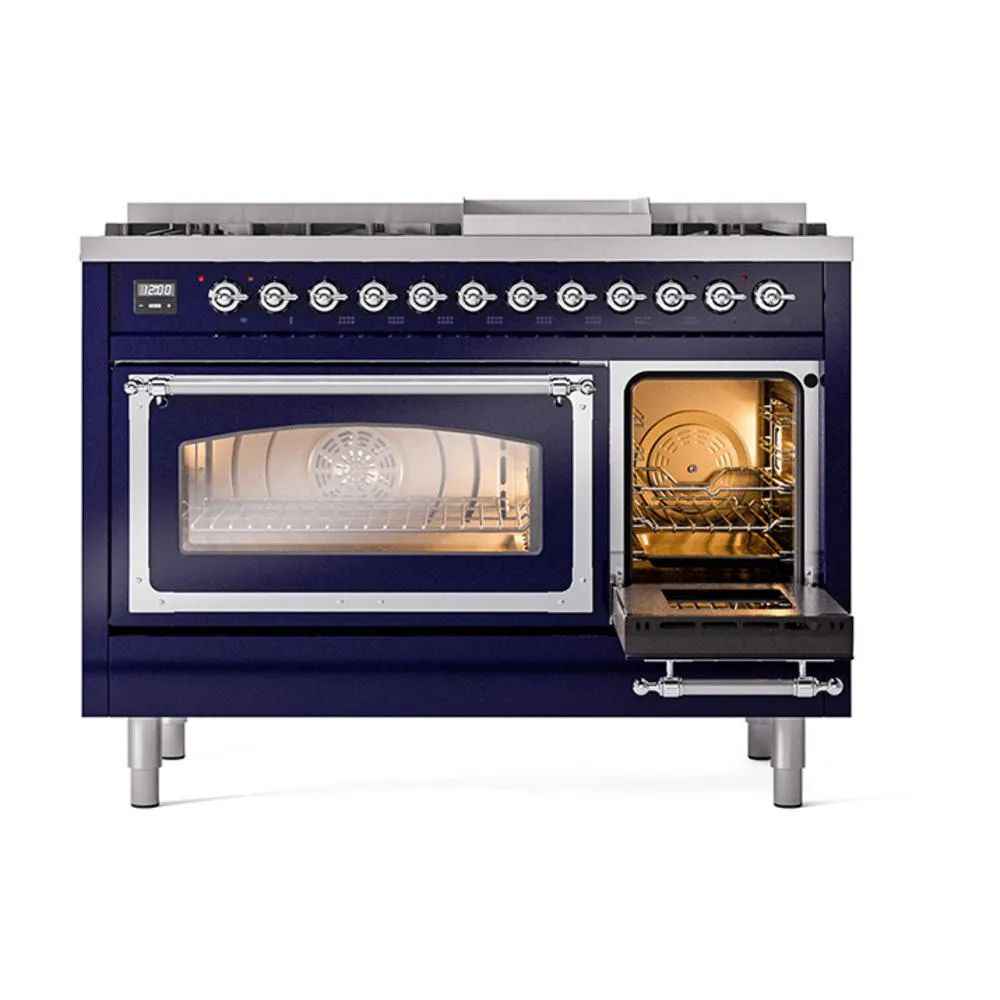 Ilve UN48FNMPMBC Ilve Un48Fnmpmbc Nostalgie Ii Noblesse 48" Dual Fuel Range (8 Sealed Burners   Griddle, Natural Gas, Triple Glass Door, Midnight Blue, Chrome)