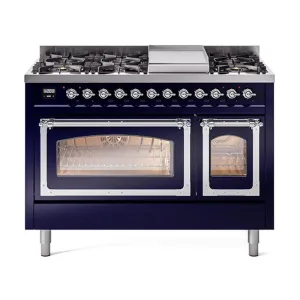 Ilve UN48FNMPMBCLP Ilve Un48Fnmpmbclp Nostalgie Ii Noblesse 48" Dual Fuel Range (8 Sealed Burners   Griddle, Liquid Propane, Triple Glass Door, Midnight Blue, Chrome)