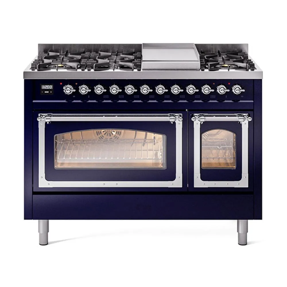 Ilve UN48FNMPMBCLP Ilve Un48Fnmpmbclp Nostalgie Ii Noblesse 48" Dual Fuel Range (8 Sealed Burners   Griddle, Liquid Propane, Triple Glass Door, Midnight Blue, Chrome)
