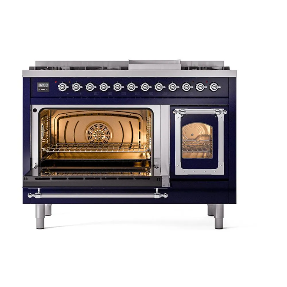 Ilve UN48FNMPMBCLP Ilve Un48Fnmpmbclp Nostalgie Ii Noblesse 48" Dual Fuel Range (8 Sealed Burners   Griddle, Liquid Propane, Triple Glass Door, Midnight Blue, Chrome)
