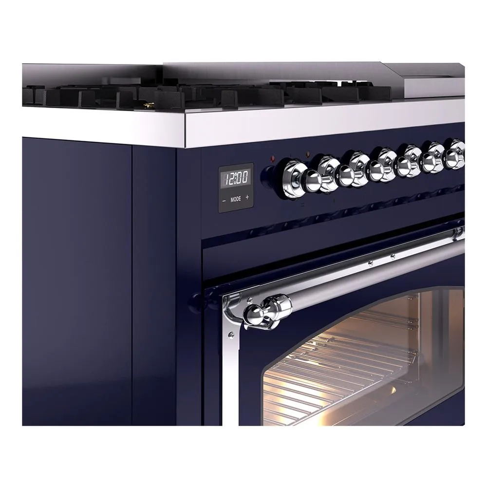 Ilve UN48FNMPMBCLP Ilve Un48Fnmpmbclp Nostalgie Ii Noblesse 48" Dual Fuel Range (8 Sealed Burners   Griddle, Liquid Propane, Triple Glass Door, Midnight Blue, Chrome)