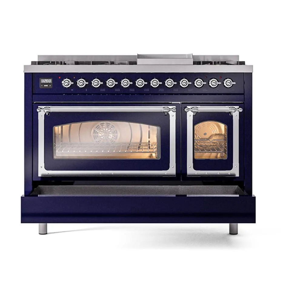 Ilve UN48FNMPMBCLP Ilve Un48Fnmpmbclp Nostalgie Ii Noblesse 48" Dual Fuel Range (8 Sealed Burners   Griddle, Liquid Propane, Triple Glass Door, Midnight Blue, Chrome)