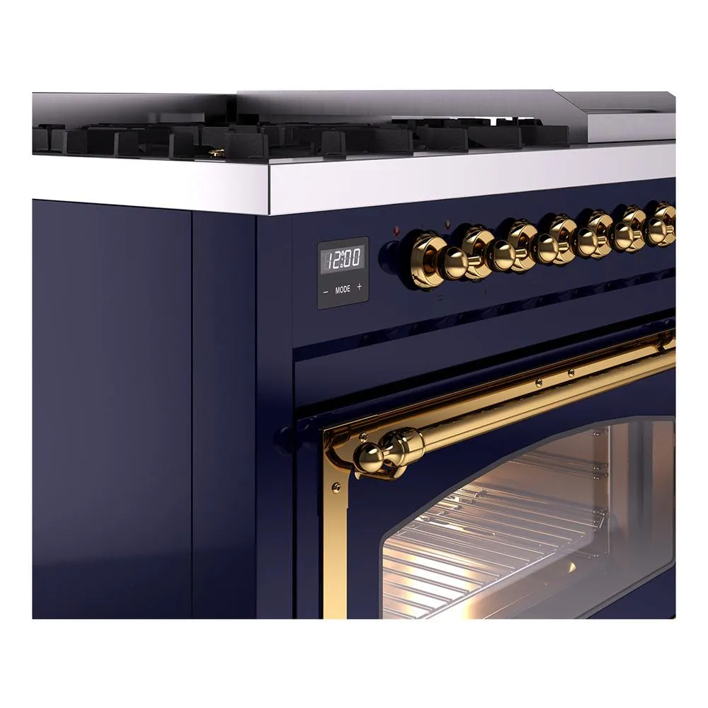 Ilve UN48FNMPMBGLP Ilve Un48Fnmpmbglp Nostalgie Ii Noblesse 48" Dual Fuel Range (8 Sealed Burners   Griddle, Liquid Propane, Triple Glass Door, Midnight Blue, Brass)