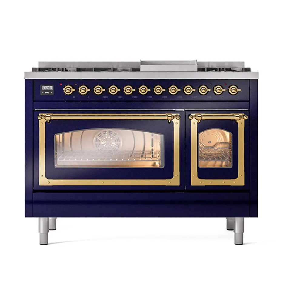 Ilve UN48FNMPMBGLP Ilve Un48Fnmpmbglp Nostalgie Ii Noblesse 48" Dual Fuel Range (8 Sealed Burners   Griddle, Liquid Propane, Triple Glass Door, Midnight Blue, Brass)
