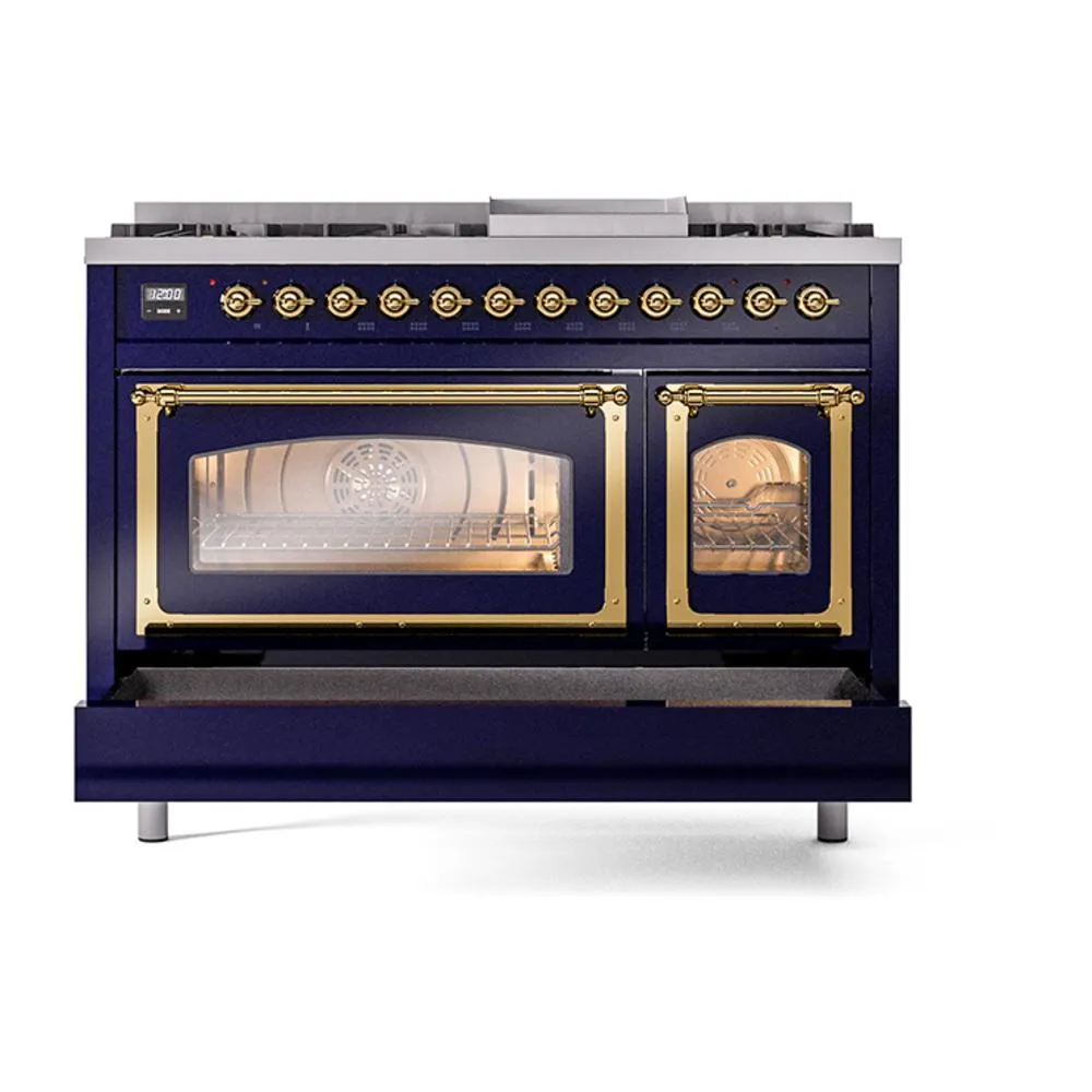Ilve UN48FNMPMBGLP Ilve Un48Fnmpmbglp Nostalgie Ii Noblesse 48" Dual Fuel Range (8 Sealed Burners   Griddle, Liquid Propane, Triple Glass Door, Midnight Blue, Brass)