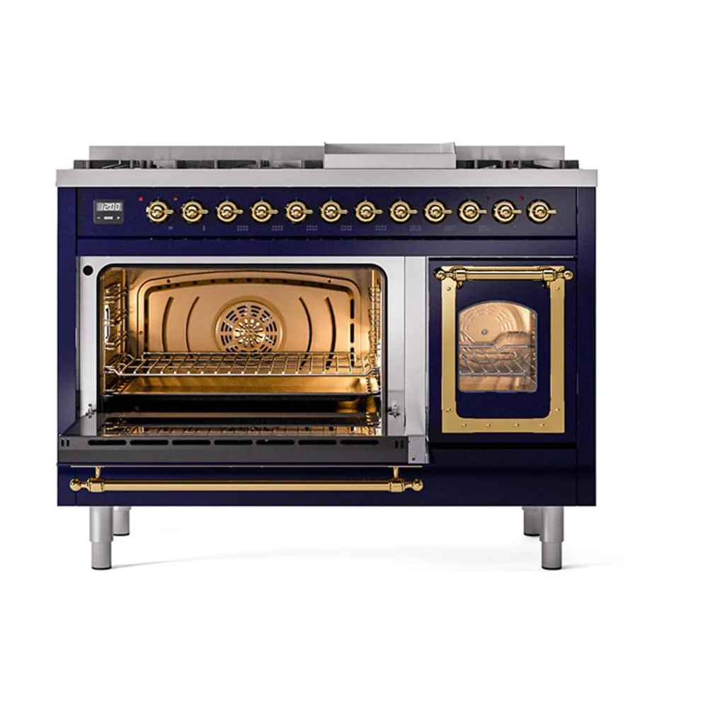 Ilve UN48FNMPMBGLP Ilve Un48Fnmpmbglp Nostalgie Ii Noblesse 48" Dual Fuel Range (8 Sealed Burners   Griddle, Liquid Propane, Triple Glass Door, Midnight Blue, Brass)