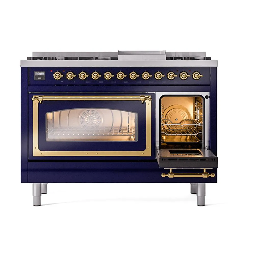 Ilve UN48FNMPMBGLP Ilve Un48Fnmpmbglp Nostalgie Ii Noblesse 48" Dual Fuel Range (8 Sealed Burners   Griddle, Liquid Propane, Triple Glass Door, Midnight Blue, Brass)