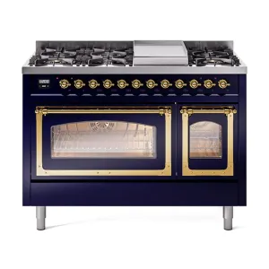 Ilve UN48FNMPMBGLP Ilve Un48Fnmpmbglp Nostalgie Ii Noblesse 48" Dual Fuel Range (8 Sealed Burners   Griddle, Liquid Propane, Triple Glass Door, Midnight Blue, Brass)