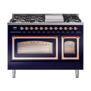 Ilve UN48FNMPMBP Ilve Un48Fnmpmbp Nostalgie Ii Noblesse 48" Dual Fuel Range (8 Sealed Burners   Griddle, Natural Gas, Triple Glass Door, Midnight Blue, Copper)