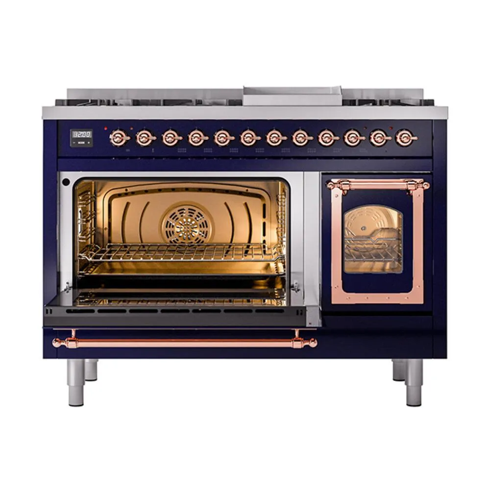 Ilve UN48FNMPMBPLP Ilve Un48Fnmpmbplp Nostalgie Ii Noblesse 48" Dual Fuel Range (8 Sealed Burners   Griddle, Liquid Propane, Triple Glass Door, Midnight Blue, Copper)