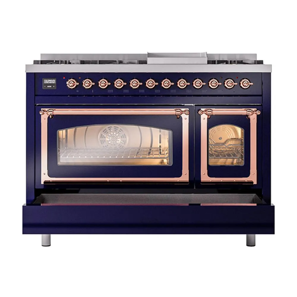 Ilve UN48FNMPMBPLP Ilve Un48Fnmpmbplp Nostalgie Ii Noblesse 48" Dual Fuel Range (8 Sealed Burners   Griddle, Liquid Propane, Triple Glass Door, Midnight Blue, Copper)