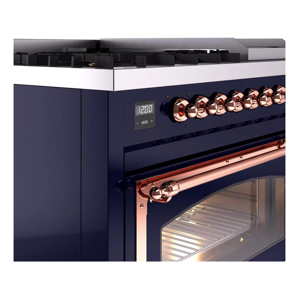 Ilve UN48FNMPMBPLP Ilve Un48Fnmpmbplp Nostalgie Ii Noblesse 48" Dual Fuel Range (8 Sealed Burners   Griddle, Liquid Propane, Triple Glass Door, Midnight Blue, Copper)