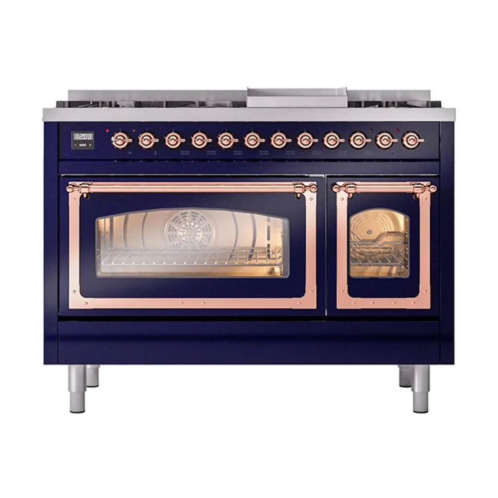 Ilve UN48FNMPMBPLP Ilve Un48Fnmpmbplp Nostalgie Ii Noblesse 48" Dual Fuel Range (8 Sealed Burners   Griddle, Liquid Propane, Triple Glass Door, Midnight Blue, Copper)