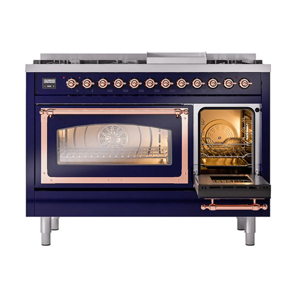 Ilve UN48FNMPMBPLP Ilve Un48Fnmpmbplp Nostalgie Ii Noblesse 48" Dual Fuel Range (8 Sealed Burners   Griddle, Liquid Propane, Triple Glass Door, Midnight Blue, Copper)