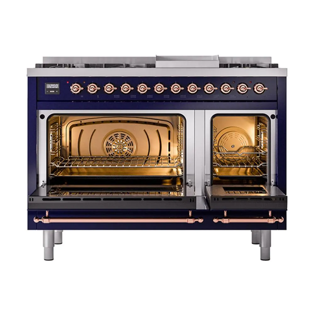 Ilve UN48FNMPMBPLP Ilve Un48Fnmpmbplp Nostalgie Ii Noblesse 48" Dual Fuel Range (8 Sealed Burners   Griddle, Liquid Propane, Triple Glass Door, Midnight Blue, Copper)