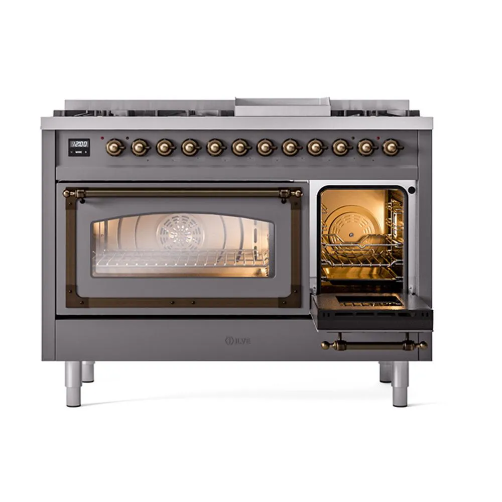 Ilve UN48FNMPMGBLP Ilve Un48Fnmpmgblp Nostalgie Ii Noblesse 48" Dual Fuel Range (8 Sealed Burners   Griddle, Liquid Propane, Triple Glass Door, Graphite Matte, Burnished)