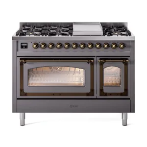 Ilve UN48FNMPMGBLP Ilve Un48Fnmpmgblp Nostalgie Ii Noblesse 48" Dual Fuel Range (8 Sealed Burners   Griddle, Liquid Propane, Triple Glass Door, Graphite Matte, Burnished)