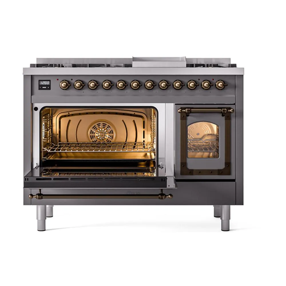 Ilve UN48FNMPMGBLP Ilve Un48Fnmpmgblp Nostalgie Ii Noblesse 48" Dual Fuel Range (8 Sealed Burners   Griddle, Liquid Propane, Triple Glass Door, Graphite Matte, Burnished)