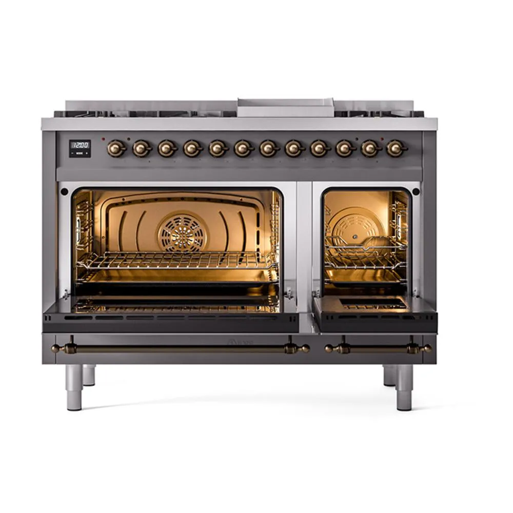 Ilve UN48FNMPMGBLP Ilve Un48Fnmpmgblp Nostalgie Ii Noblesse 48" Dual Fuel Range (8 Sealed Burners   Griddle, Liquid Propane, Triple Glass Door, Graphite Matte, Burnished)