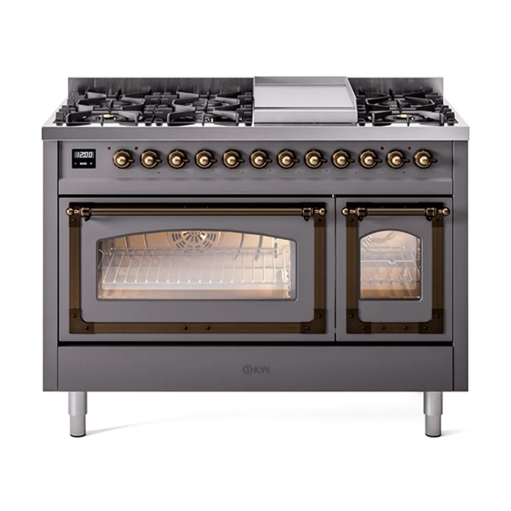 Ilve UN48FNMPMGBLP Ilve Un48Fnmpmgblp Nostalgie Ii Noblesse 48" Dual Fuel Range (8 Sealed Burners   Griddle, Liquid Propane, Triple Glass Door, Graphite Matte, Burnished)
