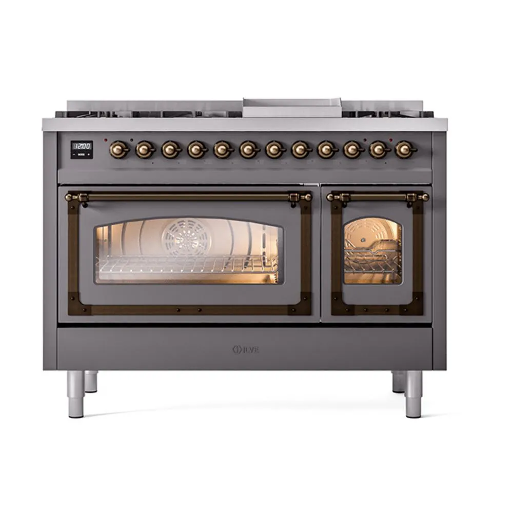 Ilve UN48FNMPMGBLP Ilve Un48Fnmpmgblp Nostalgie Ii Noblesse 48" Dual Fuel Range (8 Sealed Burners   Griddle, Liquid Propane, Triple Glass Door, Graphite Matte, Burnished)