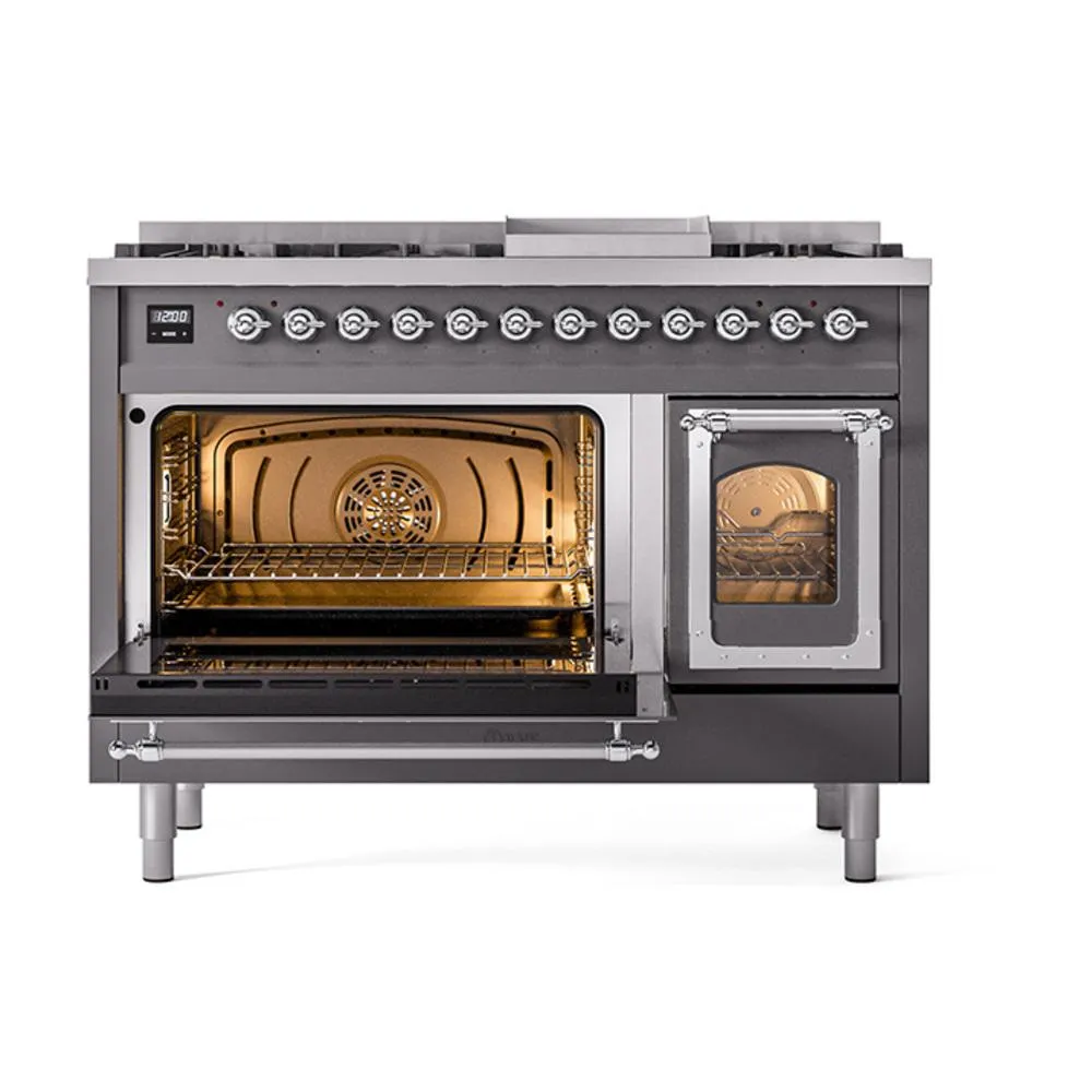 Ilve UN48FNMPMGC Ilve Un48Fnmpmgc Nostalgie Ii Noblesse 48" Dual Fuel Range (8 Sealed Burners   Griddle, Natural Gas, Triple Glass Door, Graphite Matte, Chrome)
