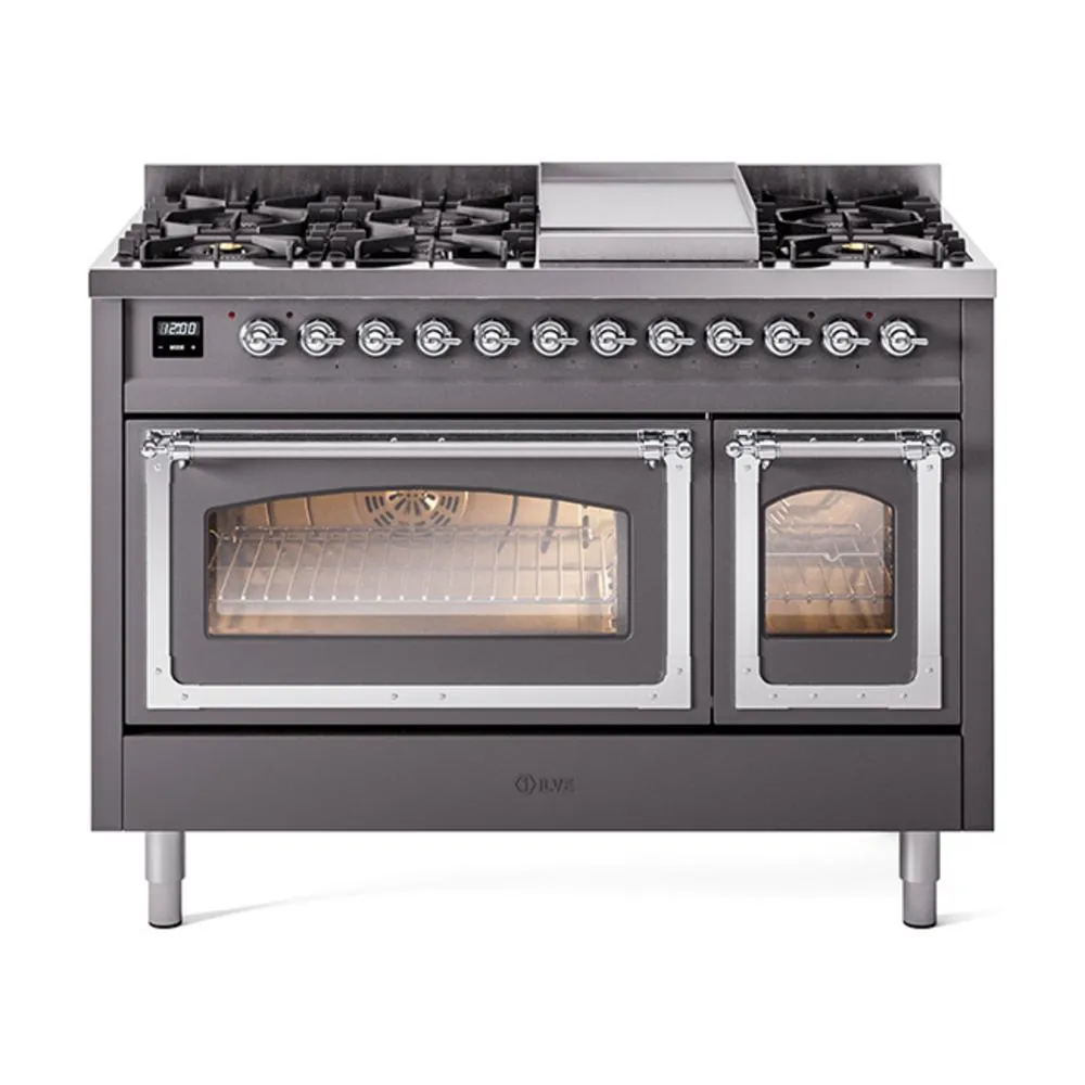 Ilve UN48FNMPMGC Ilve Un48Fnmpmgc Nostalgie Ii Noblesse 48" Dual Fuel Range (8 Sealed Burners   Griddle, Natural Gas, Triple Glass Door, Graphite Matte, Chrome)