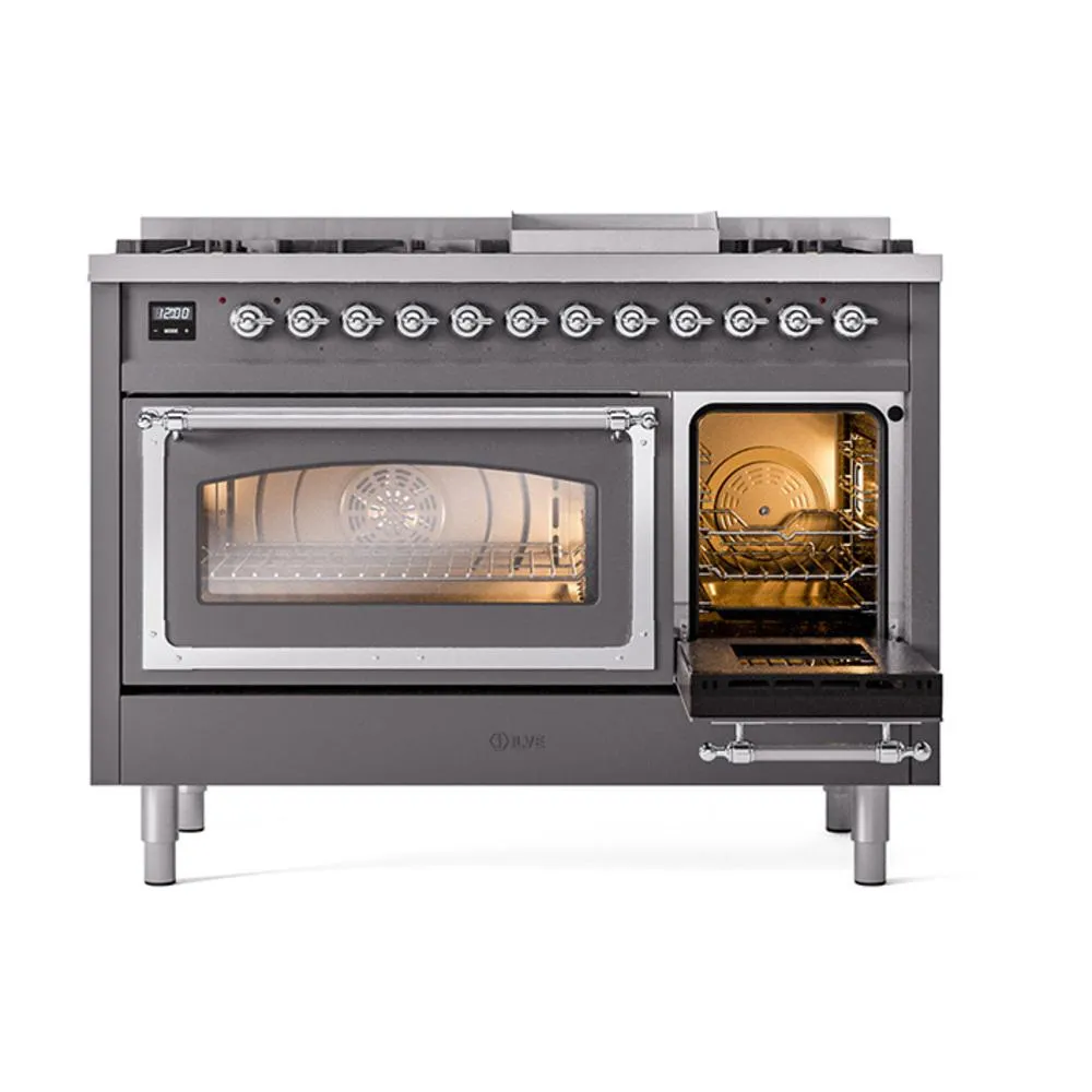 Ilve UN48FNMPMGC Ilve Un48Fnmpmgc Nostalgie Ii Noblesse 48" Dual Fuel Range (8 Sealed Burners   Griddle, Natural Gas, Triple Glass Door, Graphite Matte, Chrome)