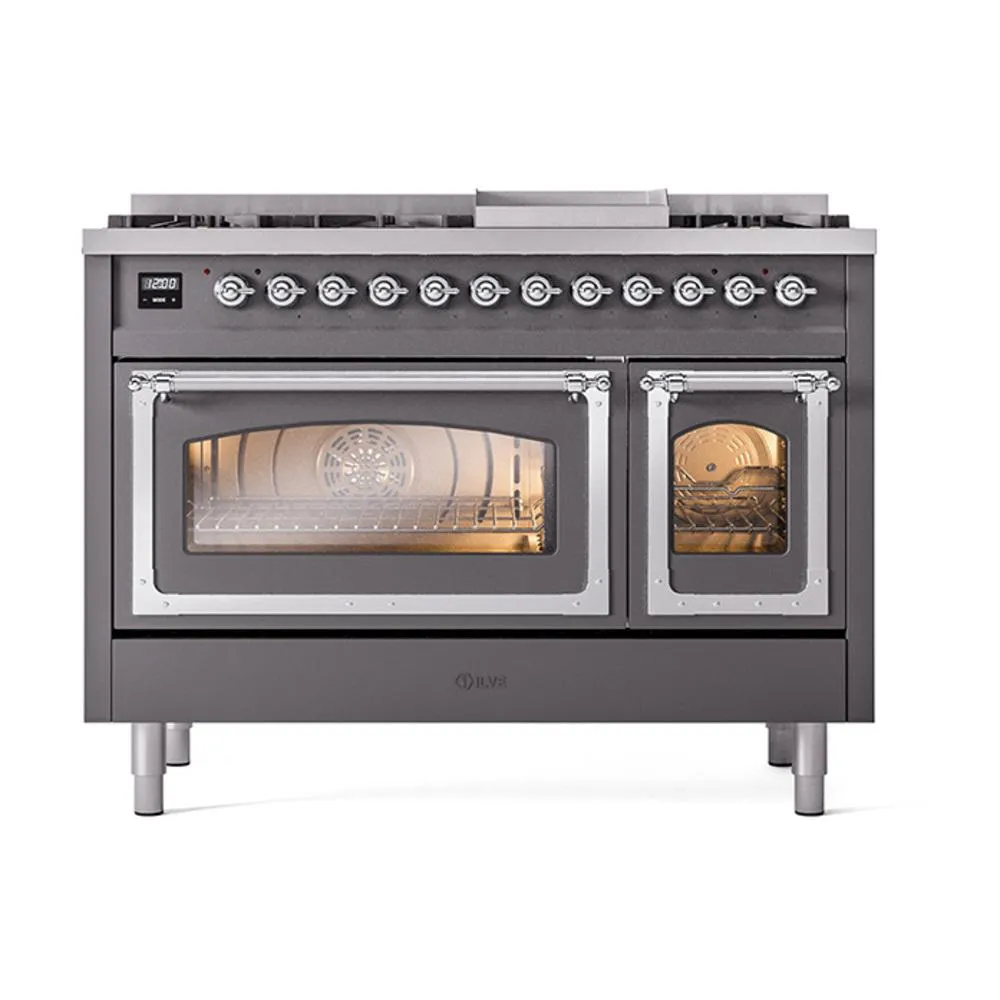 Ilve UN48FNMPMGCLP Ilve Un48Fnmpmgclp Nostalgie Ii Noblesse 48" Dual Fuel Range (8 Sealed Burners   Griddle, Liquid Propane, Triple Glass Door, Graphite Matte, Chrome)