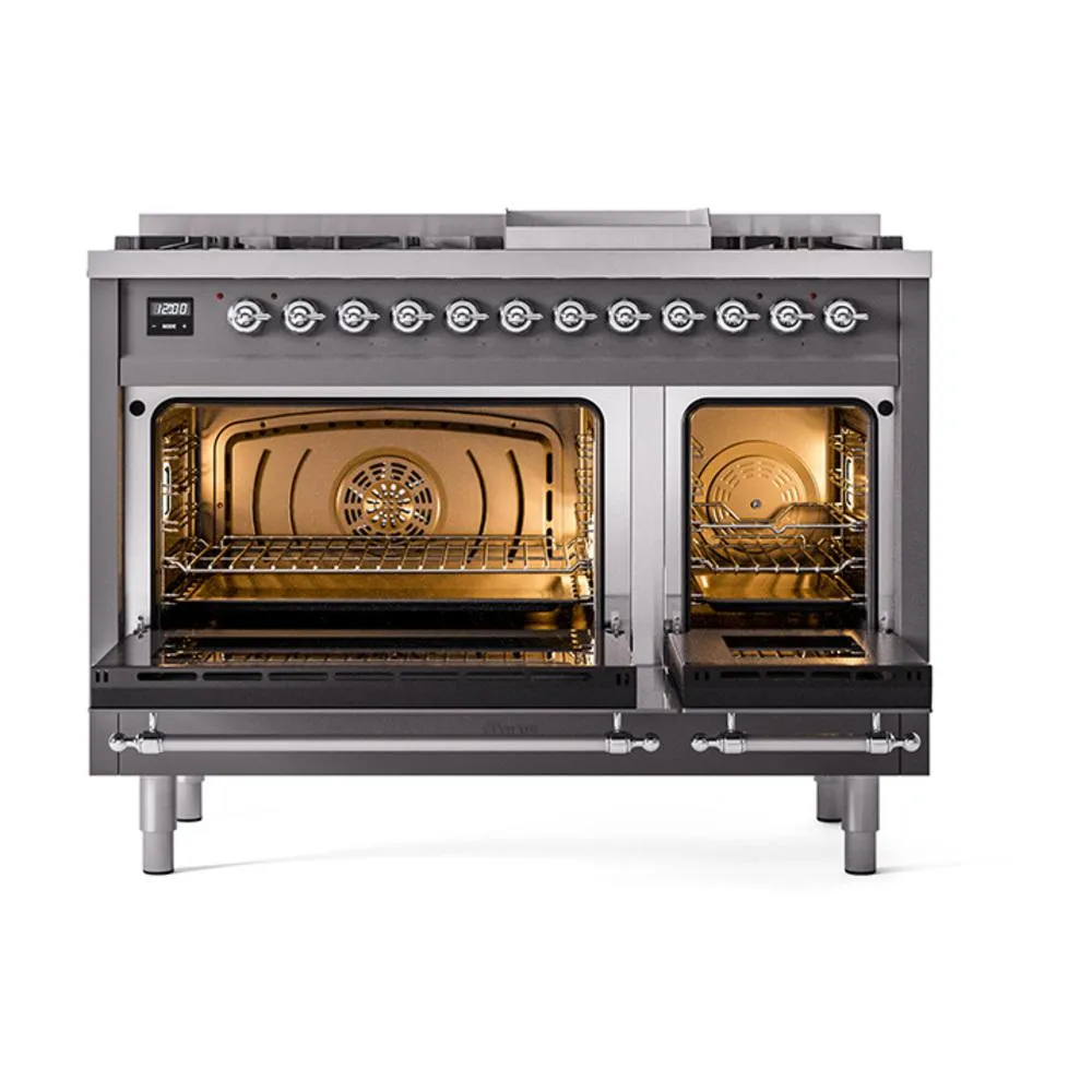 Ilve UN48FNMPMGCLP Ilve Un48Fnmpmgclp Nostalgie Ii Noblesse 48" Dual Fuel Range (8 Sealed Burners   Griddle, Liquid Propane, Triple Glass Door, Graphite Matte, Chrome)