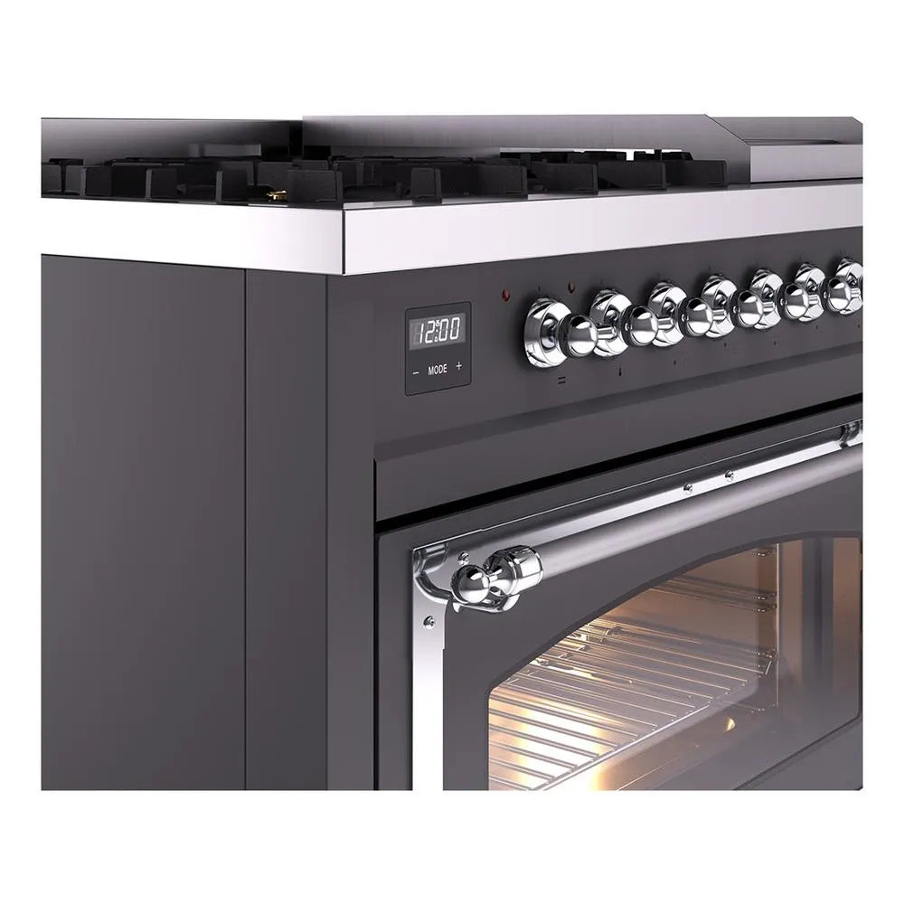 Ilve UN48FNMPMGCLP Ilve Un48Fnmpmgclp Nostalgie Ii Noblesse 48" Dual Fuel Range (8 Sealed Burners   Griddle, Liquid Propane, Triple Glass Door, Graphite Matte, Chrome)