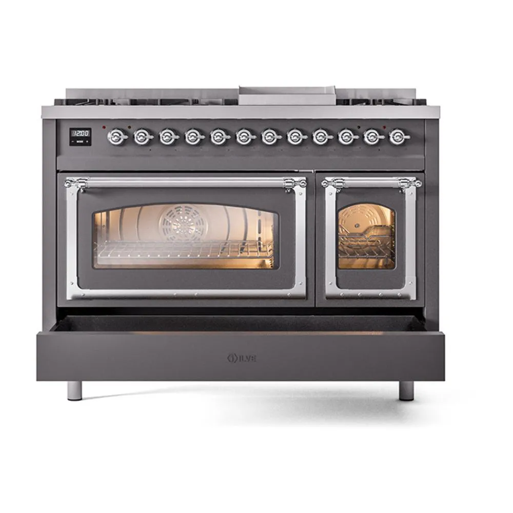 Ilve UN48FNMPMGCLP Ilve Un48Fnmpmgclp Nostalgie Ii Noblesse 48" Dual Fuel Range (8 Sealed Burners   Griddle, Liquid Propane, Triple Glass Door, Graphite Matte, Chrome)