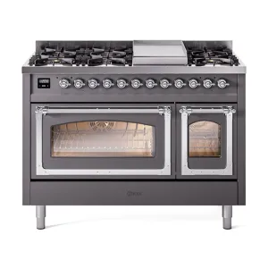 Ilve UN48FNMPMGCLP Ilve Un48Fnmpmgclp Nostalgie Ii Noblesse 48" Dual Fuel Range (8 Sealed Burners   Griddle, Liquid Propane, Triple Glass Door, Graphite Matte, Chrome)