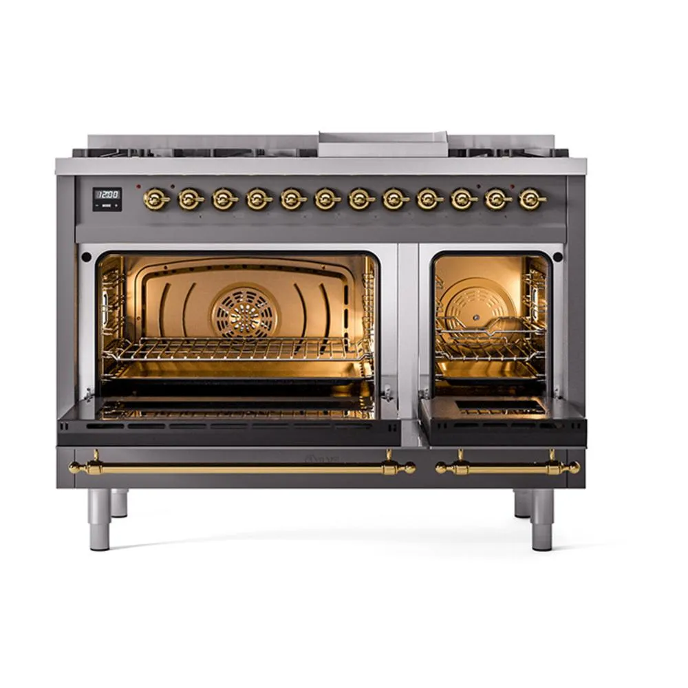 Ilve UN48FNMPMGG Ilve Un48Fnmpmgg Nostalgie Ii Noblesse 48" Dual Fuel Range (8 Sealed Burners   Griddle, Natural Gas, Triple Glass Door, Graphite Matte, Brass)