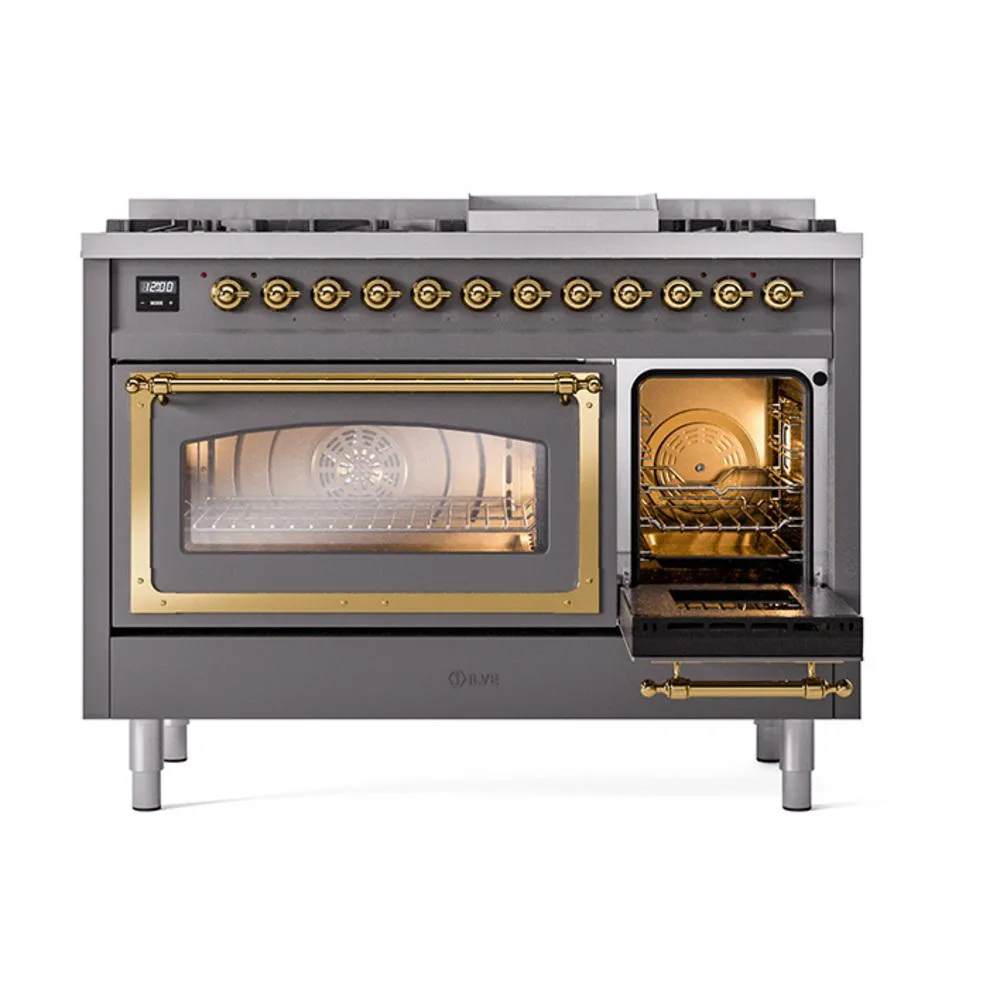 Ilve UN48FNMPMGG Ilve Un48Fnmpmgg Nostalgie Ii Noblesse 48" Dual Fuel Range (8 Sealed Burners   Griddle, Natural Gas, Triple Glass Door, Graphite Matte, Brass)