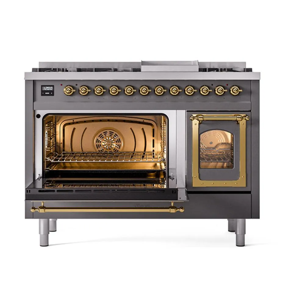 Ilve UN48FNMPMGG Ilve Un48Fnmpmgg Nostalgie Ii Noblesse 48" Dual Fuel Range (8 Sealed Burners   Griddle, Natural Gas, Triple Glass Door, Graphite Matte, Brass)