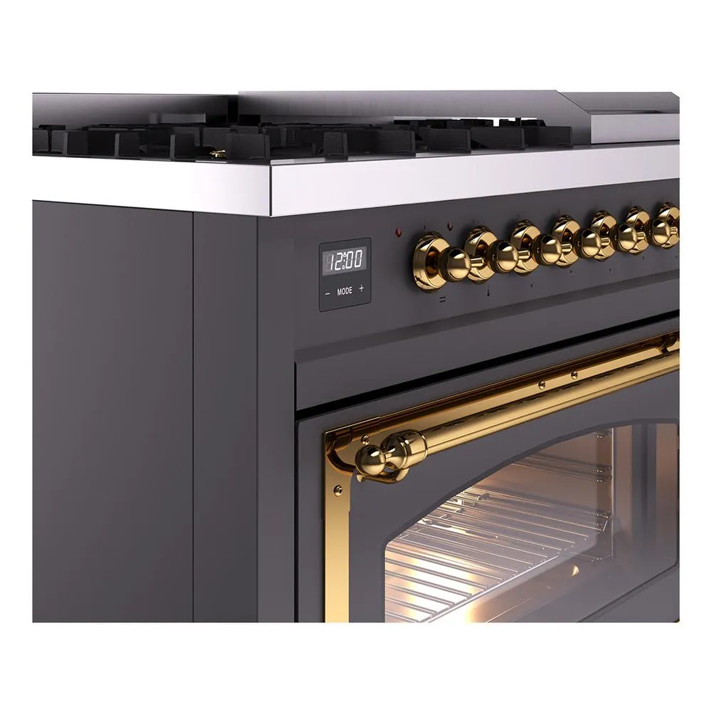 Ilve UN48FNMPMGG Ilve Un48Fnmpmgg Nostalgie Ii Noblesse 48" Dual Fuel Range (8 Sealed Burners   Griddle, Natural Gas, Triple Glass Door, Graphite Matte, Brass)