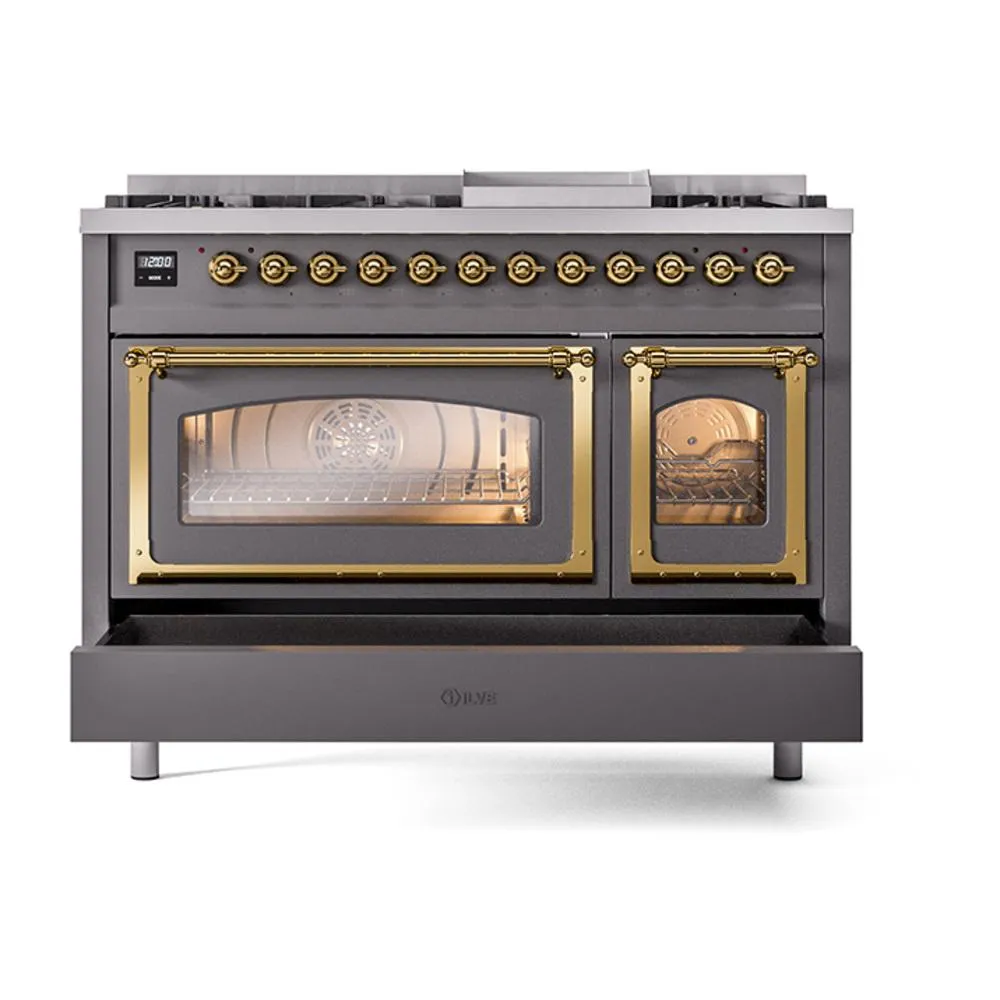 Ilve UN48FNMPMGG Ilve Un48Fnmpmgg Nostalgie Ii Noblesse 48" Dual Fuel Range (8 Sealed Burners   Griddle, Natural Gas, Triple Glass Door, Graphite Matte, Brass)