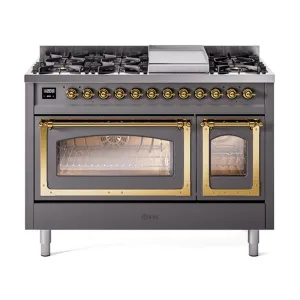 Ilve UN48FNMPMGGLP Ilve Un48Fnmpmgglp Nostalgie Ii Noblesse 48" Dual Fuel Range (8 Sealed Burners   Griddle, Liquid Propane, Triple Glass Door, Graphite Matte, Brass)