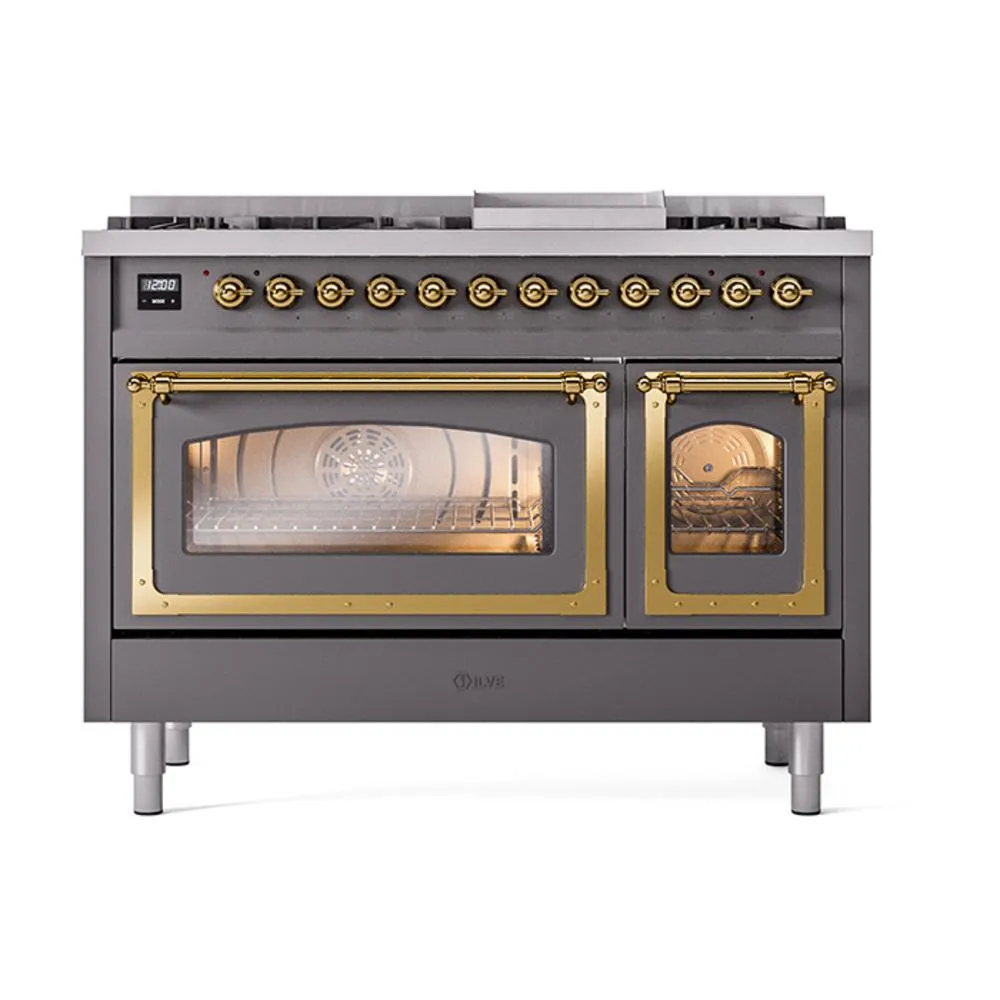 Ilve UN48FNMPMGGLP Ilve Un48Fnmpmgglp Nostalgie Ii Noblesse 48" Dual Fuel Range (8 Sealed Burners   Griddle, Liquid Propane, Triple Glass Door, Graphite Matte, Brass)