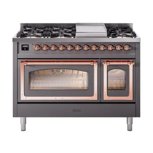 Ilve UN48FNMPMGP Ilve Un48Fnmpmgp Nostalgie Ii Noblesse 48" Dual Fuel Range (8 Sealed Burners   Griddle, Natural Gas, Triple Glass Door, Graphite Matte, Copper)